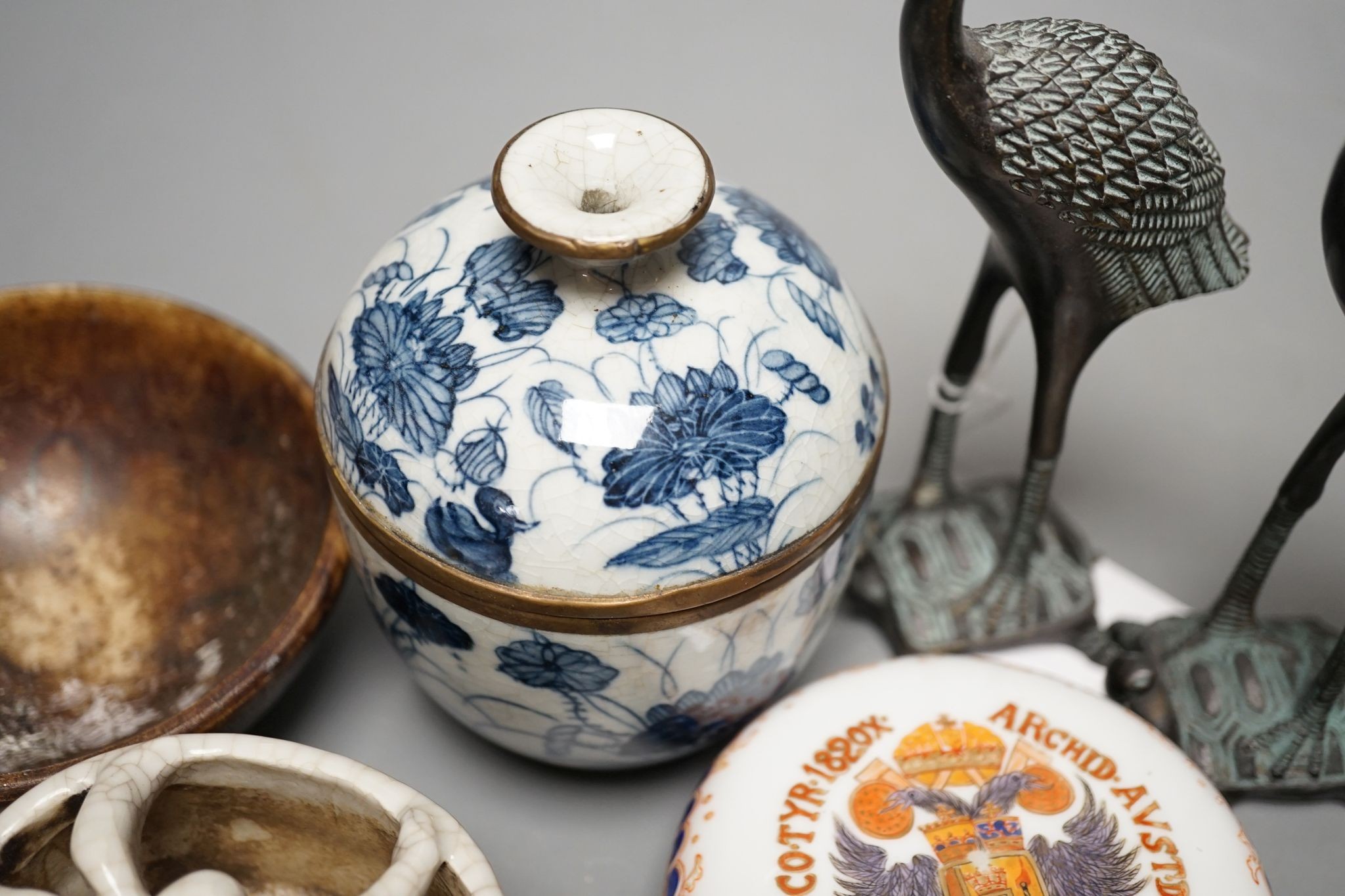Mixed Chinese ornamental metalware and ceramics, including a pair of storks, 17.5 cms high.